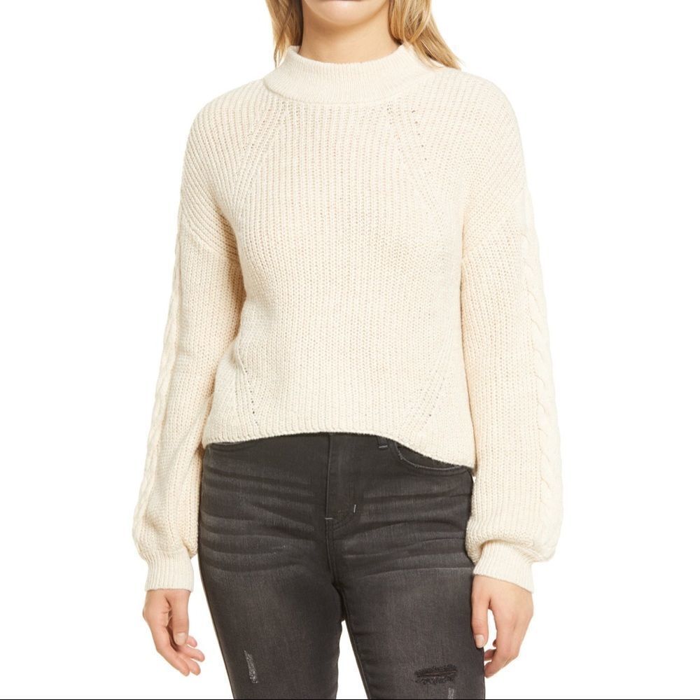 BP. Nordstrom Cropped Cable Balloon Sleeve Sweater Beige Oatmeal High Neck NWT